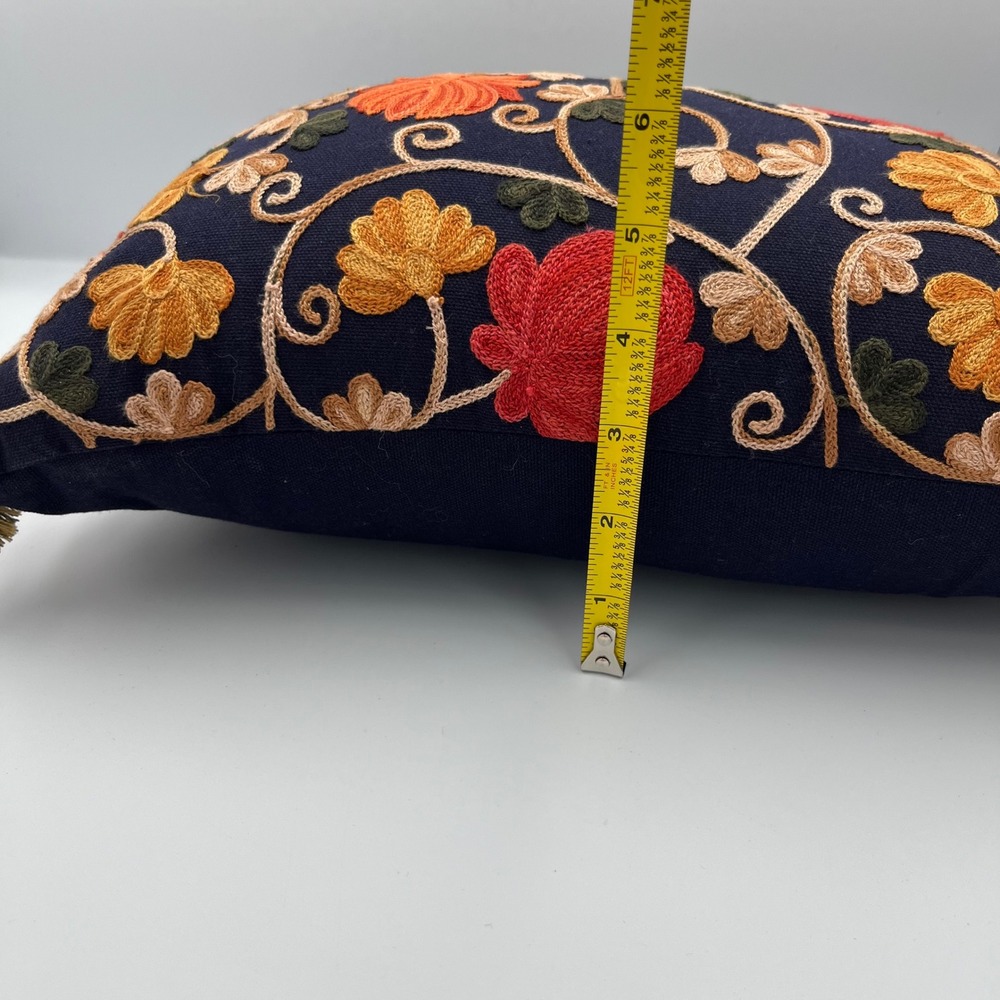 Boho Embroidered Pillow Navy Blue Floral Tassel Accent Decorative Accent Pillow - Picture 10 of 10